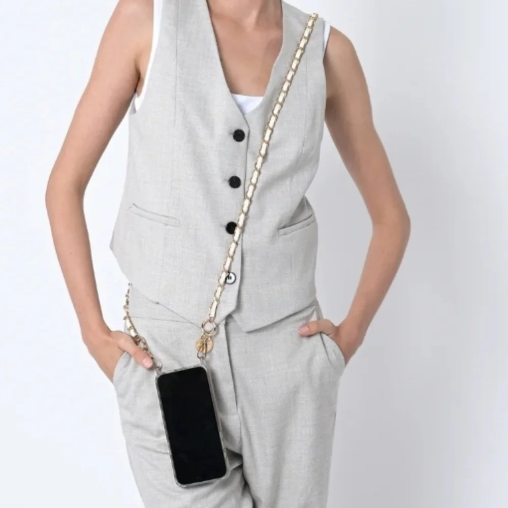 Metal & leather Crossbody phone Chain with Golden Carabiners